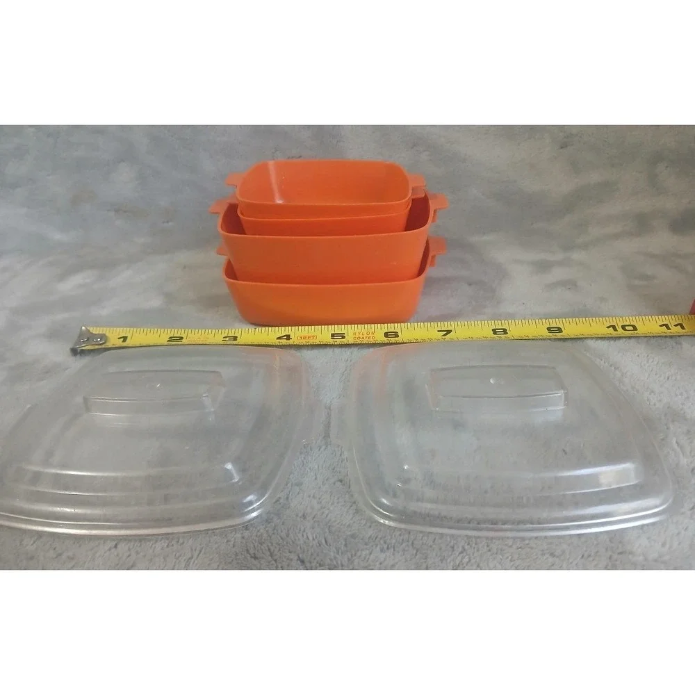 Vintage Toy Orange Nesting‎ Cookware Play Set of 4 with 2 Lids Retro MCM Pretend